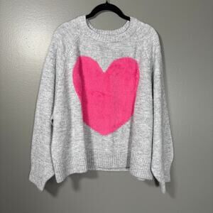Old Navy Women's Gray Fuzzy Pink Heart Oversized Sweater - Size XL - Cozycore